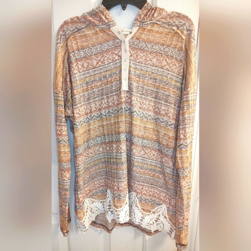 REWIND Women's Long Sleeve Top Accented with Lace Hoodie Size L Rayon Polyester